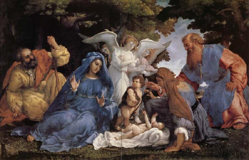 Lorenzo Lotto L'Adoration de l'Enfant Jesus avec la Vierge Marie et joseph,Elisabeth et Joachim et trois anges Spain oil painting art